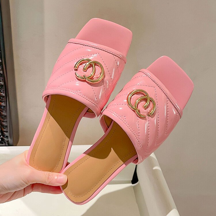 Lady's Fashion Trend Genuine Leather designer Summer Beach Outdoor Casual square Toe Slides Slipper sandals for women and ladies