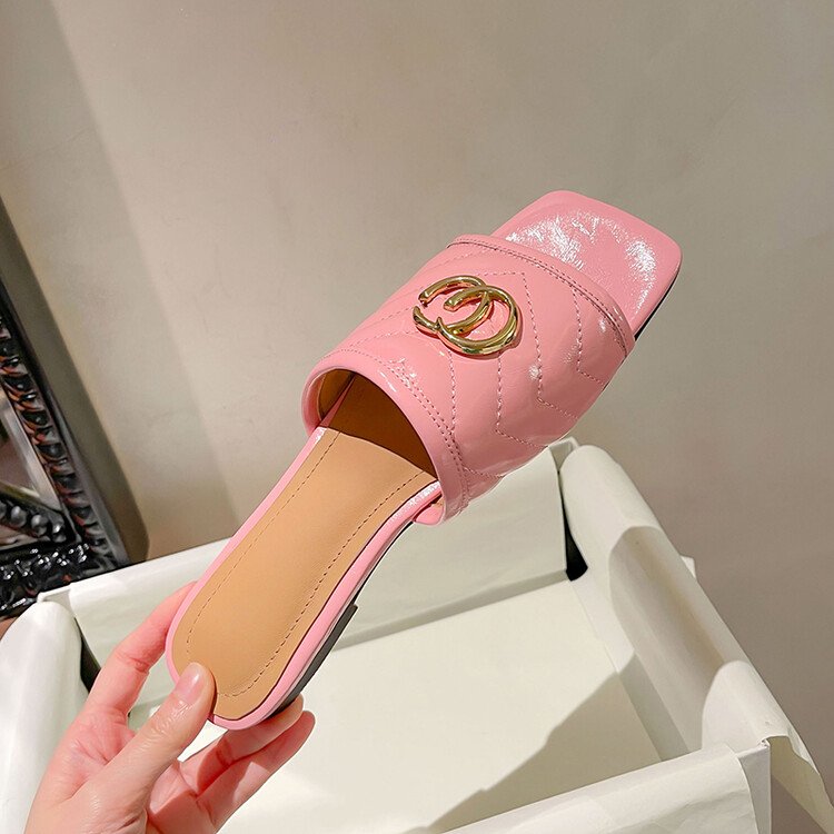 Lady's Fashion Trend Genuine Leather designer Summer Beach Outdoor Casual square Toe Slides Slipper sandals for women and ladies