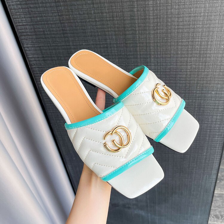 Lady's Fashion Trend Genuine Leather designer Summer Beach Outdoor Casual square Toe Slides Slipper sandals for women and ladies
