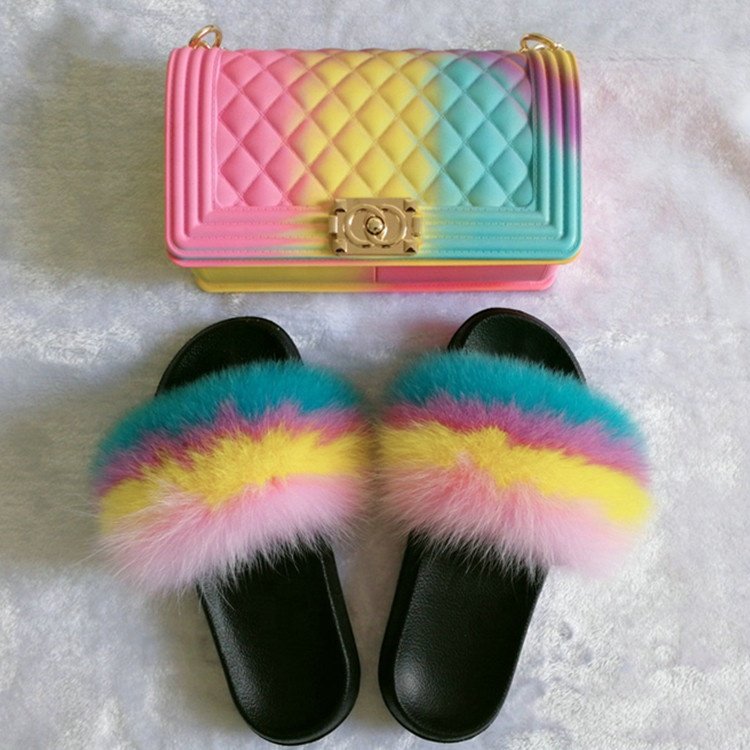 2020 hot sell 6 colors change pu leather chain purse handbags with matching fur slipper slides