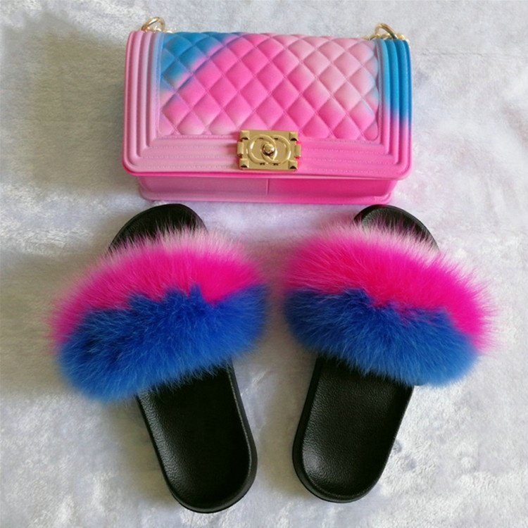 2020 hot sell 6 colors change pu leather chain purse handbags with matching fur slipper slides