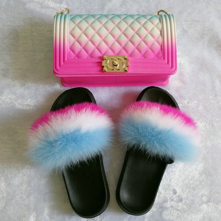 2020 hot sell 6 colors change pu leather chain purse handbags with matching fur slipper slides