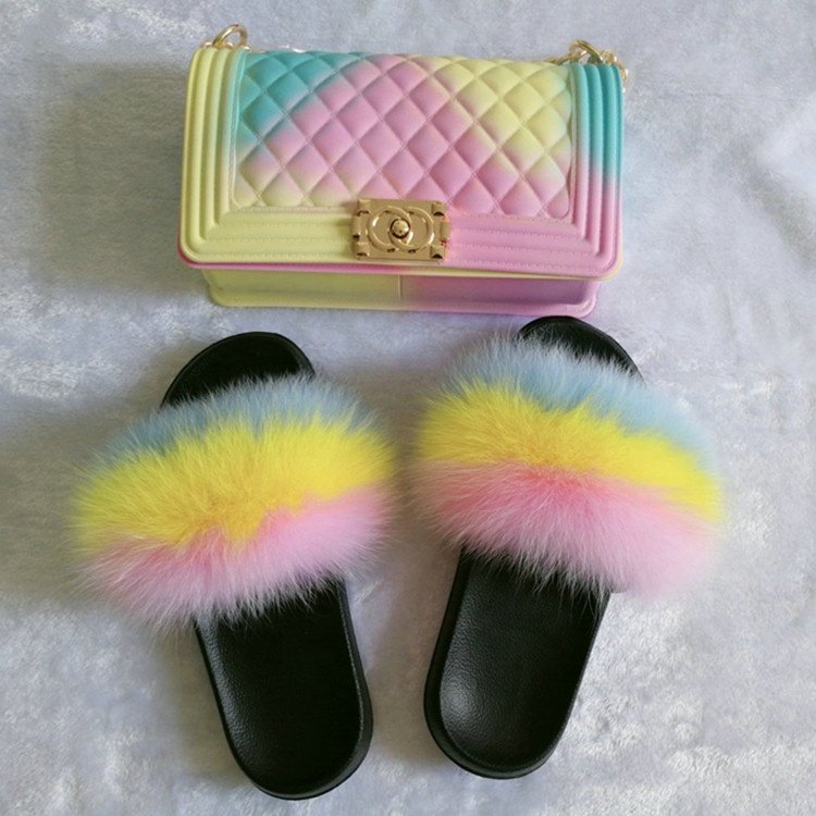 2020 hot sell 6 colors change pu leather chain purse handbags with matching fur slipper slides