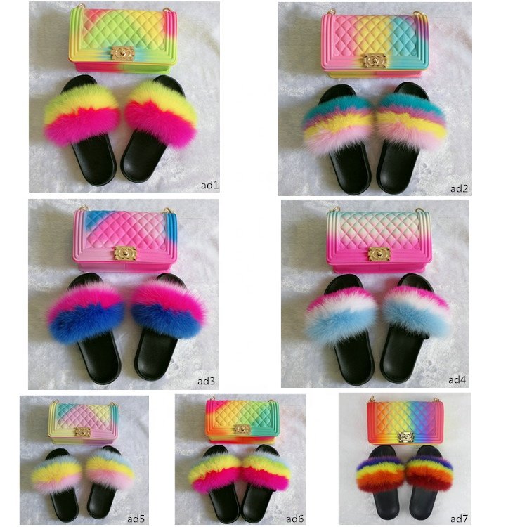 2020 hot sell 6 colors change pu leather chain purse handbags with matching fur slipper slides