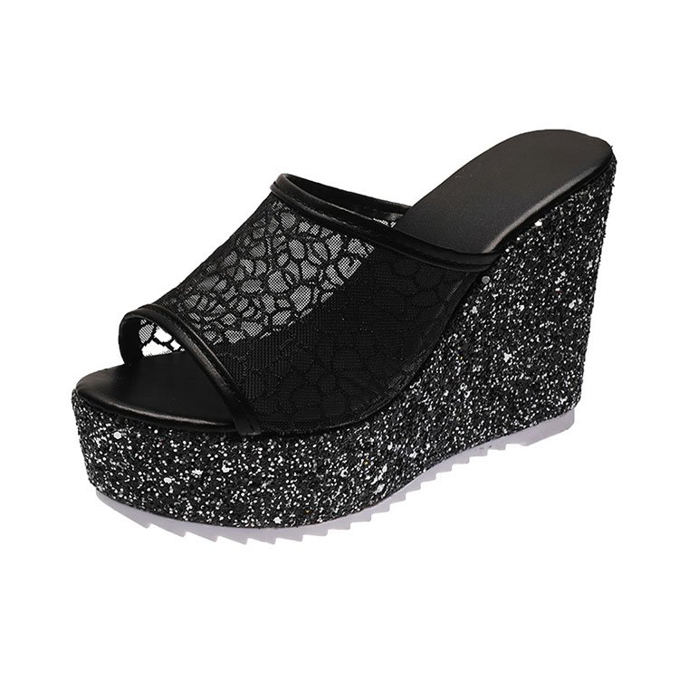 Finest Price Latest Women Wedges Platform Mesh Sequins Sandal Thick High Heels Slides Slippers