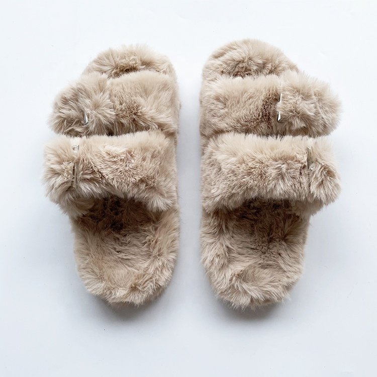 Fashion Ladies Slippers Casual Faux Mink Fur Slippers Women's Double Shoulder Straps Fur Sandals