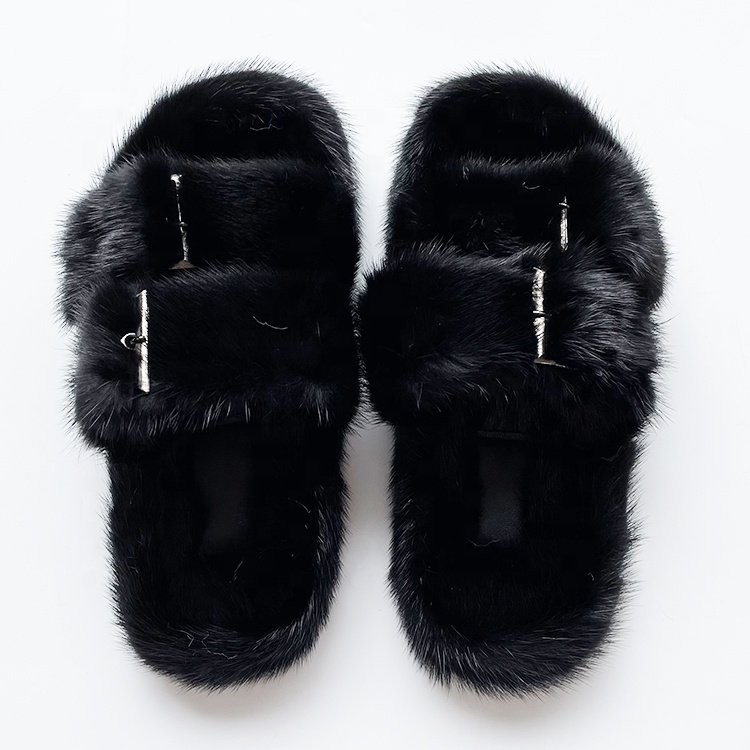 Fashion Ladies Slippers Casual Faux Mink Fur Slippers Women's Double Shoulder Straps Fur Sandals