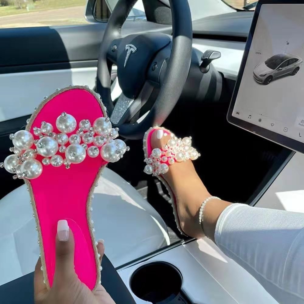 Women Flat Slides Shoes Surface With Pearl Decoration Open Toes Outdoor Women Summer Flat Slides slippers
