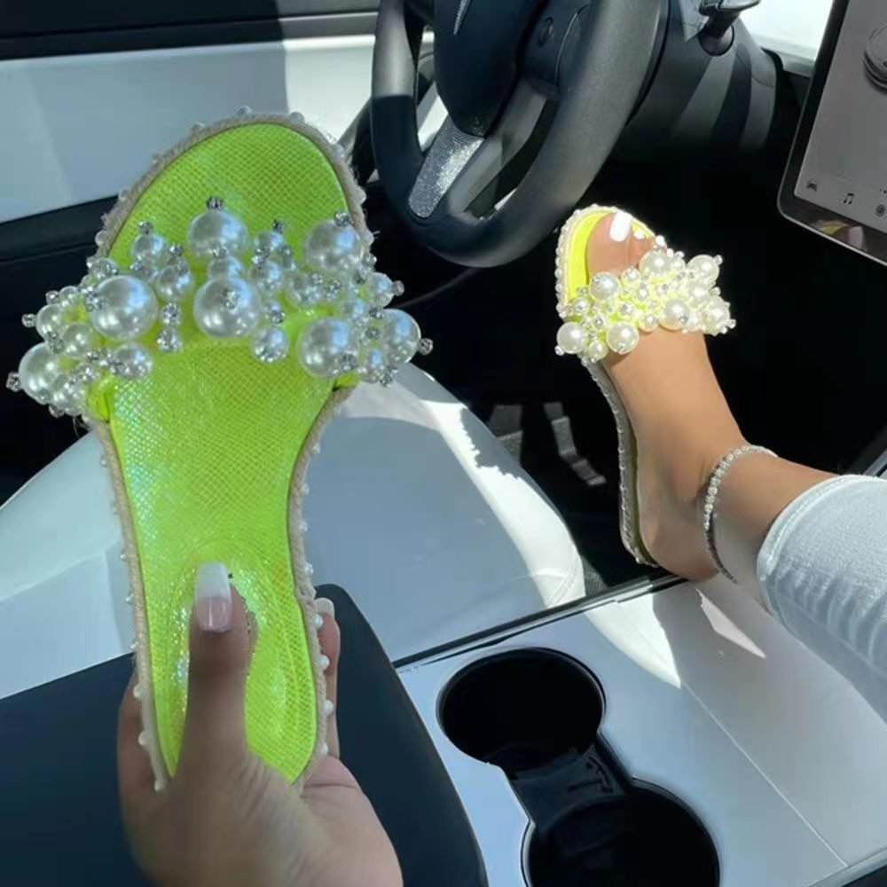 Women Flat Slides Shoes Surface With Pearl Decoration Open Toes Outdoor Women Summer Flat Slides slippers