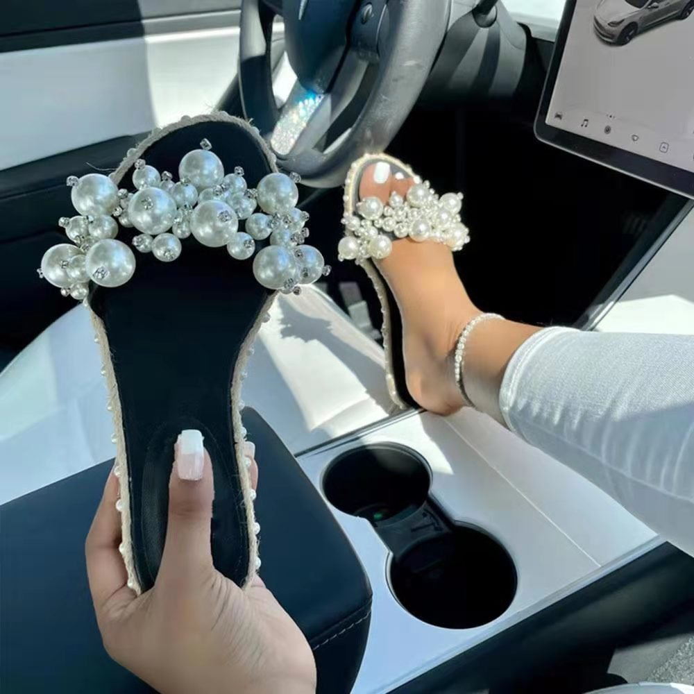 Women Flat Slides Shoes Surface With Pearl Decoration Open Toes Outdoor Women Summer Flat Slides slippers