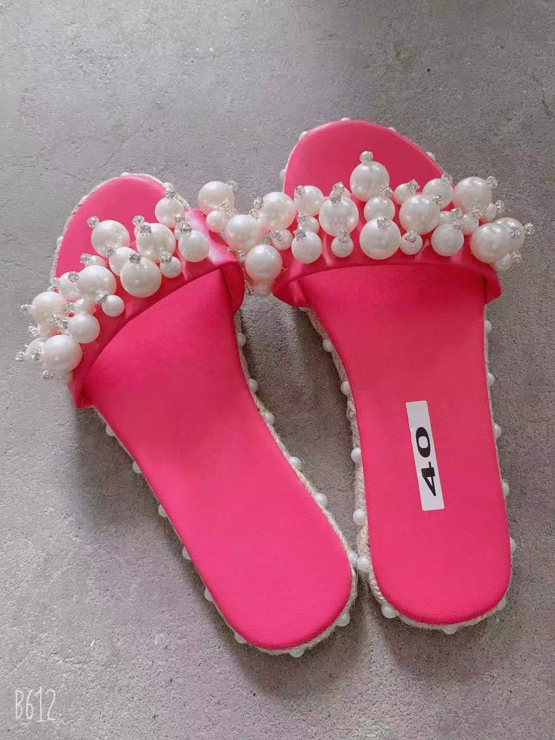 Women Flat Slides Shoes Surface With Pearl Decoration Open Toes Outdoor Women Summer Flat Slides slippers