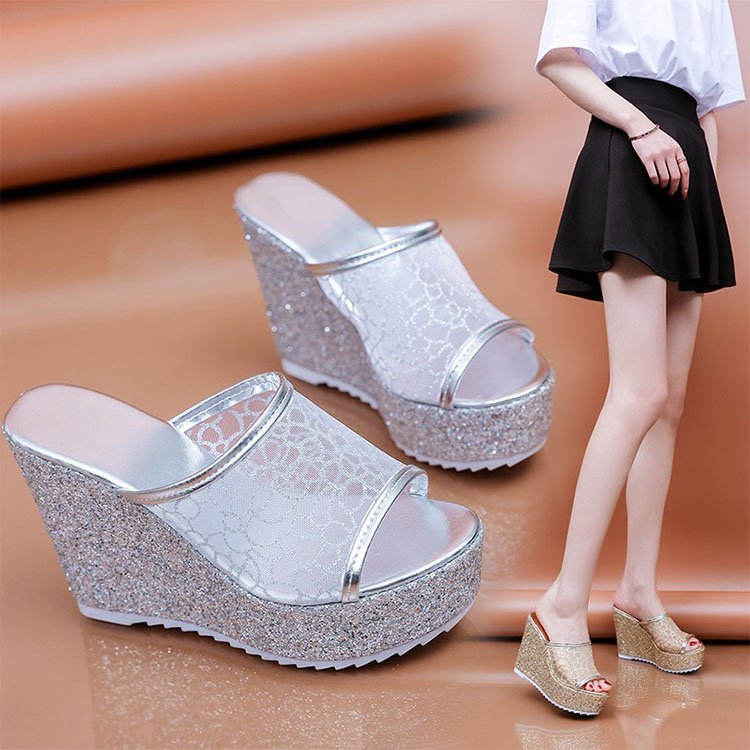 slippers slide fashion plus bling glitter fish mouth sandals ladies wedge slippers for women high heel platform sandal