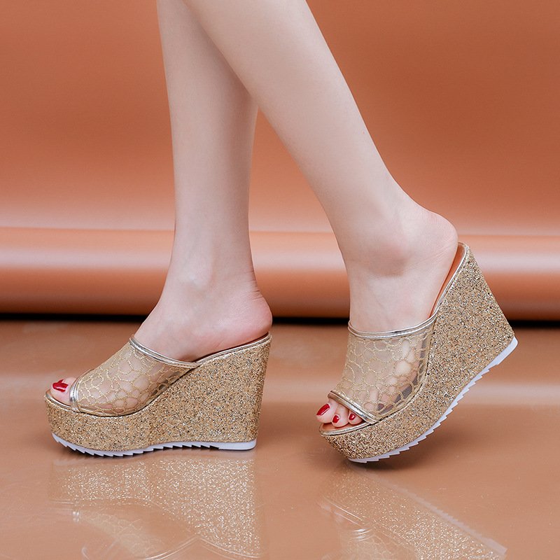 slippers slide fashion plus bling glitter fish mouth sandals ladies wedge slippers for women high heel platform sandal