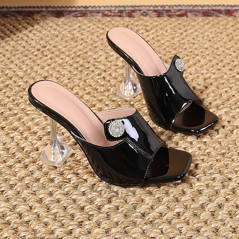 Xuanhui plus size Summer patent leather crystal wine glass soft leather square heels black sandals
