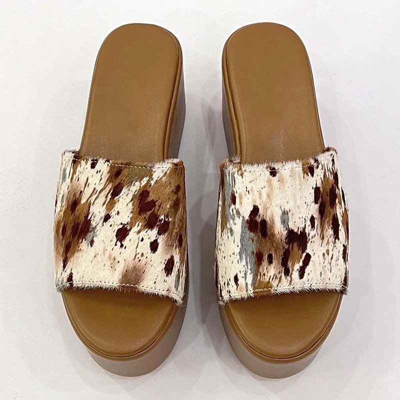 Thick platform zebra pattern horse hair women slides slippers leather sandals