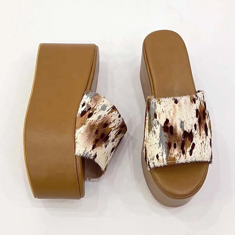 Thick platform zebra pattern horse hair women slides slippers leather sandals