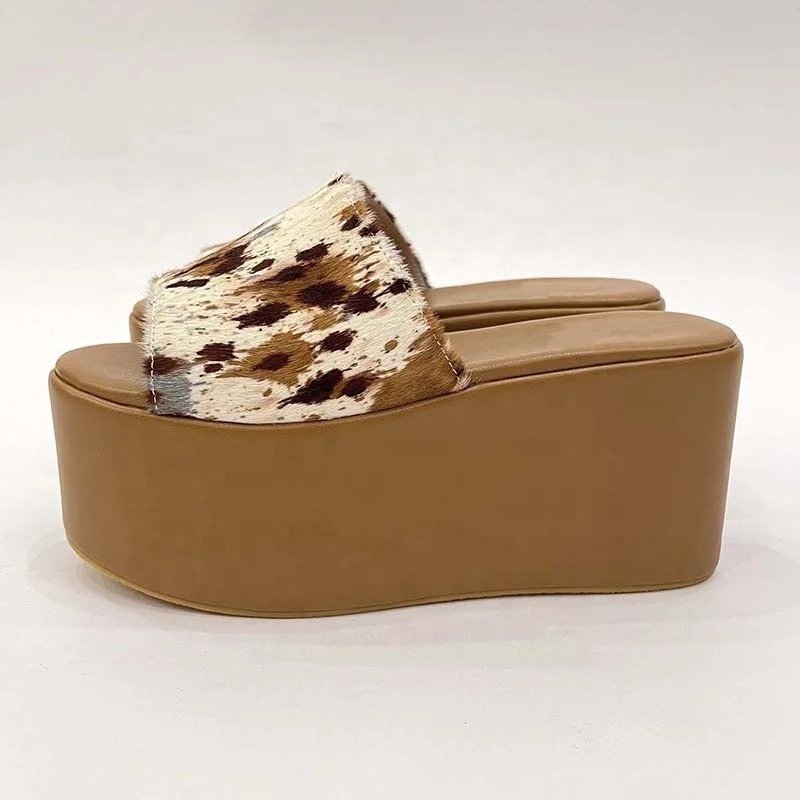 Thick platform zebra pattern horse hair women slides slippers leather sandals