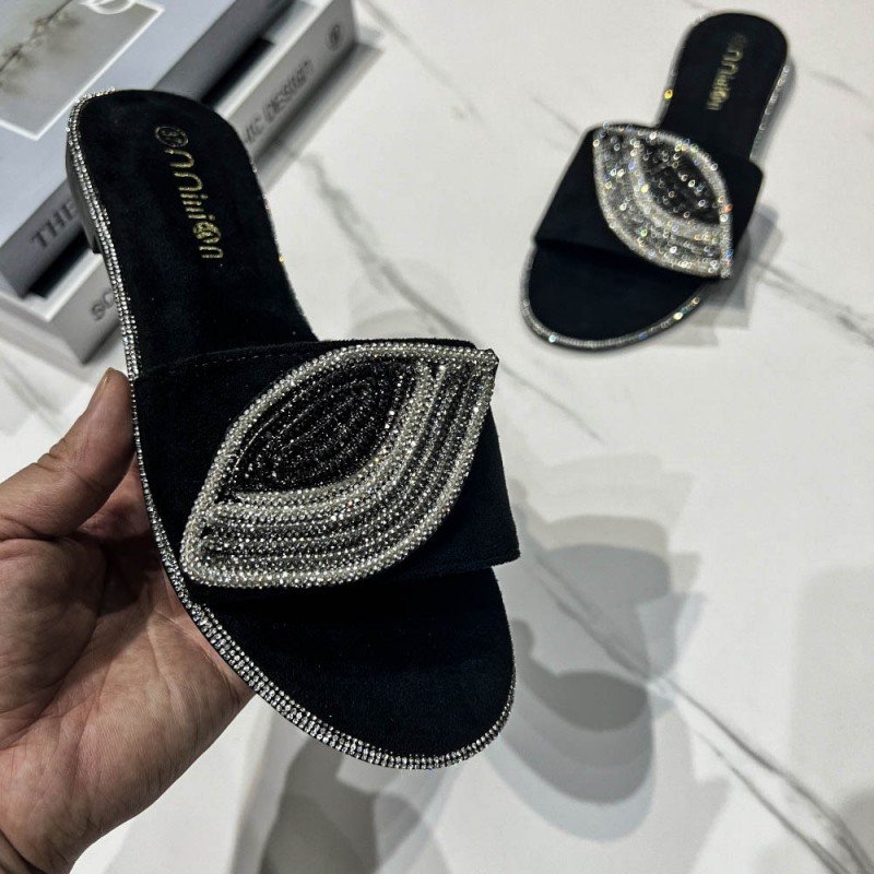BUSY GIRL YF4455 slides slippers jewelry blue black suede 2024 summer fashion rhinestone eye flat sandals women shoes slippers