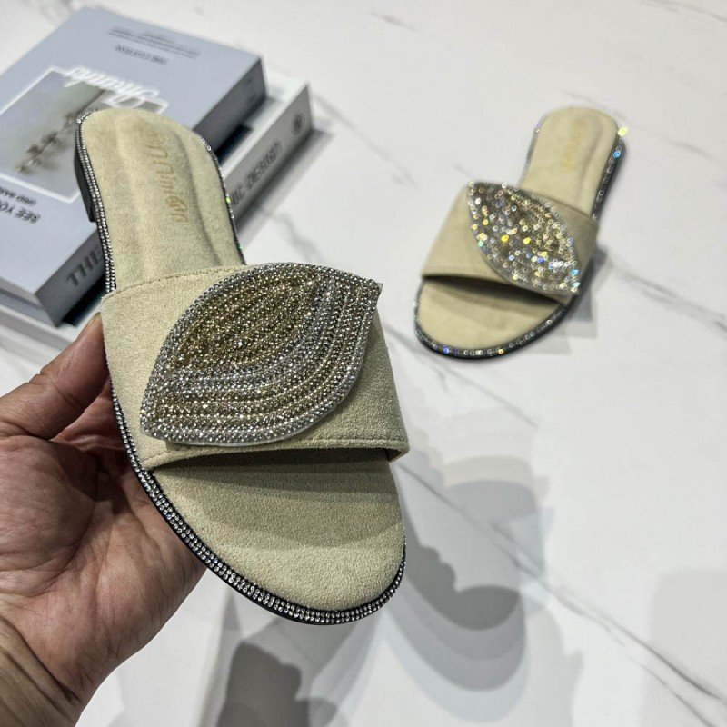 BUSY GIRL YF4455 slides slippers jewelry blue black suede 2024 summer fashion rhinestone eye flat sandals women shoes slippers