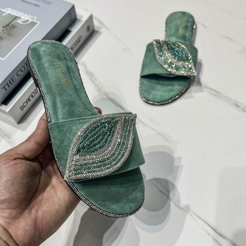 BUSY GIRL YF4455 slides slippers jewelry blue black suede 2024 summer fashion rhinestone eye flat sandals women shoes slippers