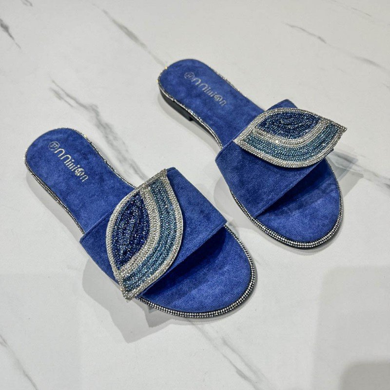 BUSY GIRL YF4455 slides slippers jewelry blue black suede 2024 summer fashion rhinestone eye flat sandals women shoes slippers