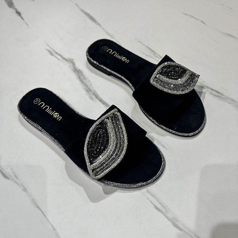 BUSY GIRL YF4455 slides slippers jewelry blue black suede 2024 summer fashion rhinestone eye flat sandals women shoes slippers