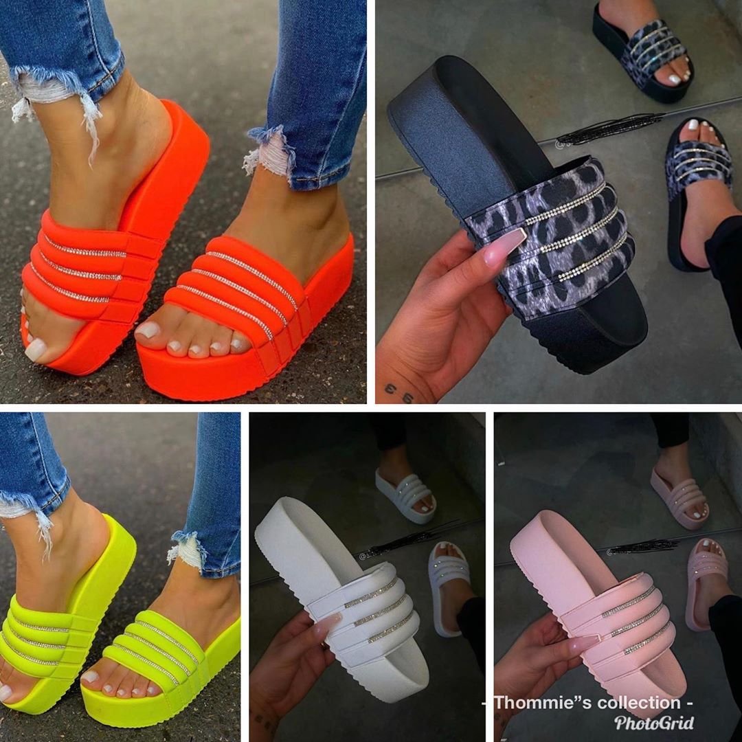 2021 New Women's Platform Slippers With Diamond Slide Sandals Pink Black Eva Women Slipper