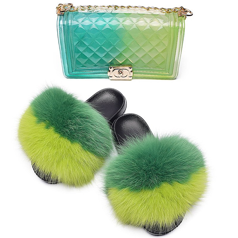 Rainbow Extra Fluffy Mommy Kids Women Jelly Purse Fur Slide And Me Handbag Matching Fur Slides With Purse Set Bag