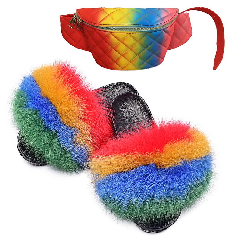 Rainbow Extra Fluffy Mommy Kids Women Jelly Purse Fur Slide And Me Handbag Matching Fur Slides With Purse Set Bag
