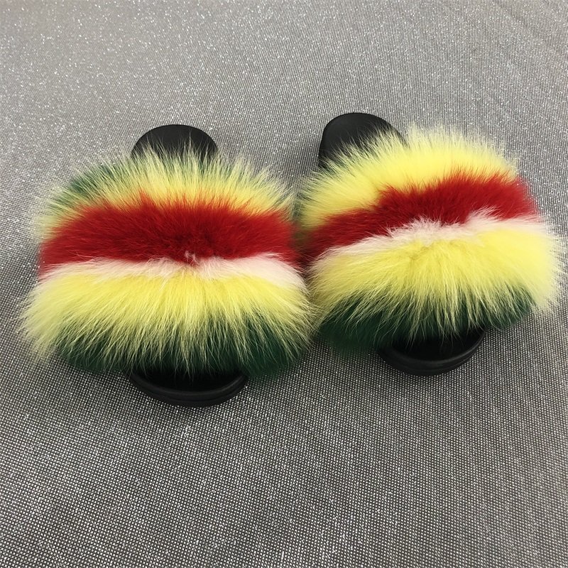 Factory wholesale hot sale womens new style summer soft comfortable natural raccoon fur fox fur Slide Slippers manufacturer