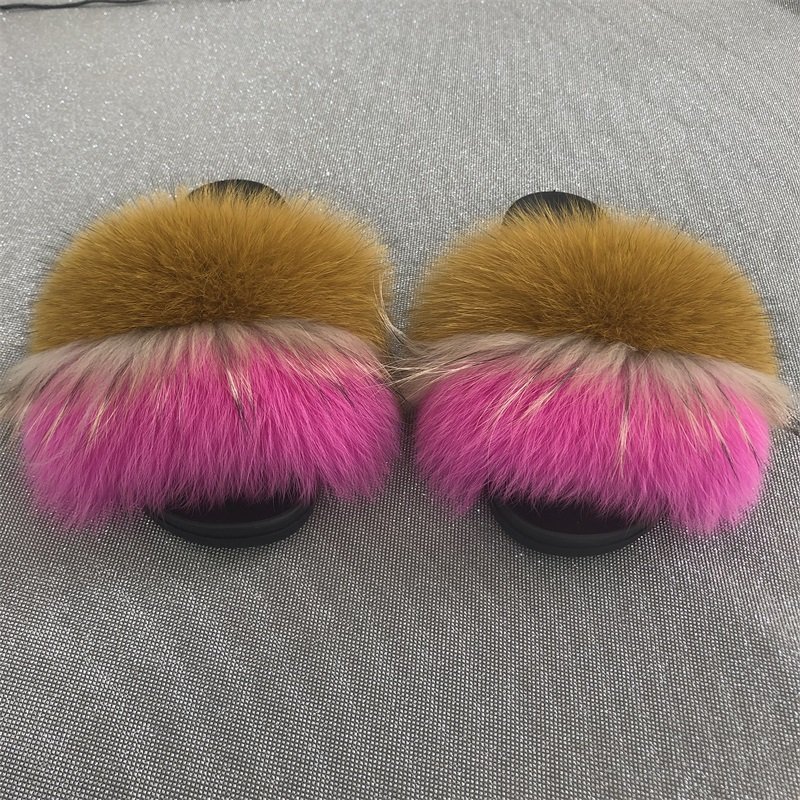 Factory wholesale hot sale womens new style summer soft comfortable natural raccoon fur fox fur Slide Slippers manufacturer