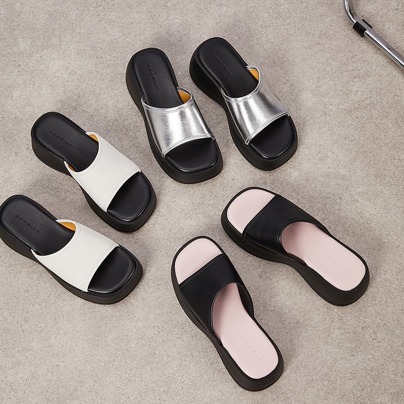 Hot Sale Leather Outdoor Women Round Toe Platform Metal Color Slide Slippers For Women