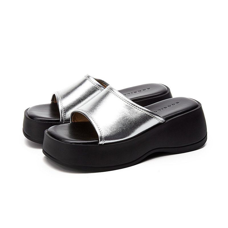 Hot Sale Leather Outdoor Women Round Toe Platform Metal Color Slide Slippers For Women