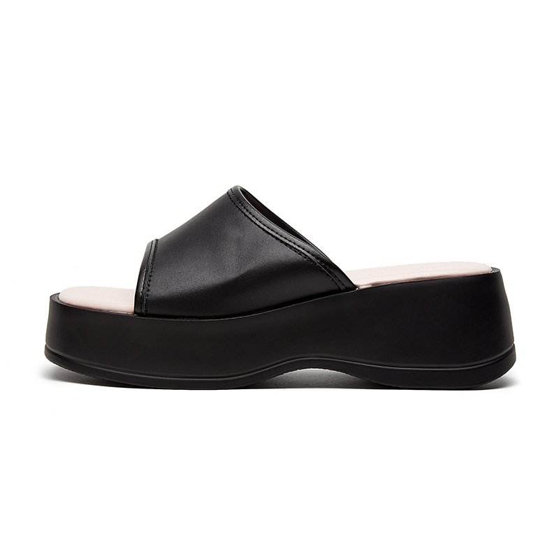 Hot Sale Leather Outdoor Women Round Toe Platform Metal Color Slide Slippers For Women