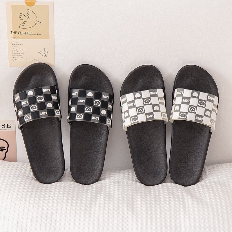 Women's Trendy Checkerboard Grids Flat Sandals with Cute Bear Non-Slip Soft Bottom Slides Slippers
