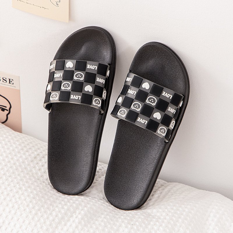 Women's Trendy Checkerboard Grids Flat Sandals with Cute Bear Non-Slip Soft Bottom Slides Slippers