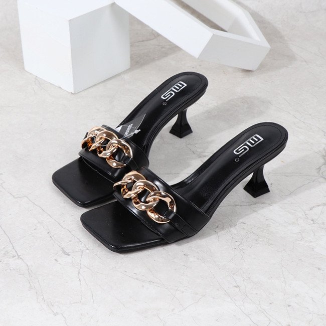 New style Popular Metal decoration women slippers High heel Square toe Sexy Beautiful slides Breathable mules shoes women