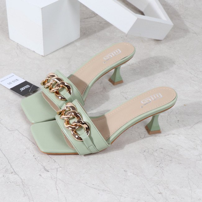 New style Popular Metal decoration women slippers High heel Square toe Sexy Beautiful slides Breathable mules shoes women