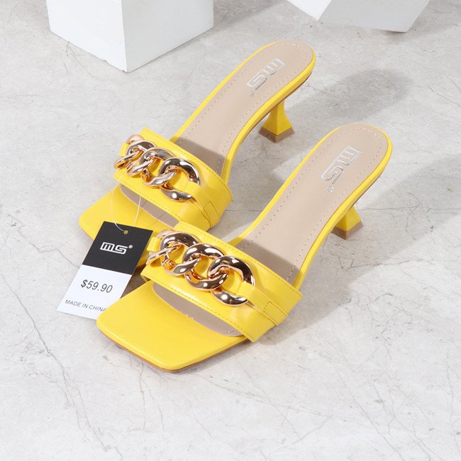 New style Popular Metal decoration women slippers High heel Square toe Sexy Beautiful slides Breathable mules shoes women