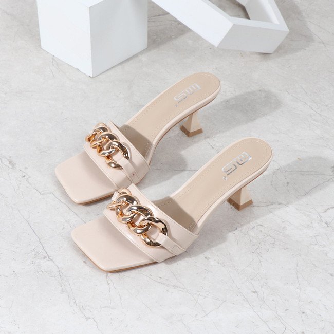 New style Popular Metal decoration women slippers High heel Square toe Sexy Beautiful slides Breathable mules shoes women