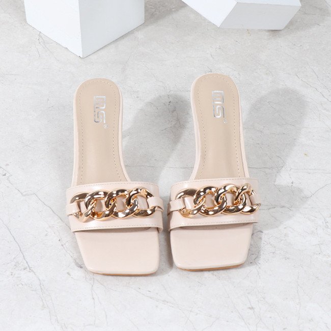 New style Popular Metal decoration women slippers High heel Square toe Sexy Beautiful slides Breathable mules shoes women
