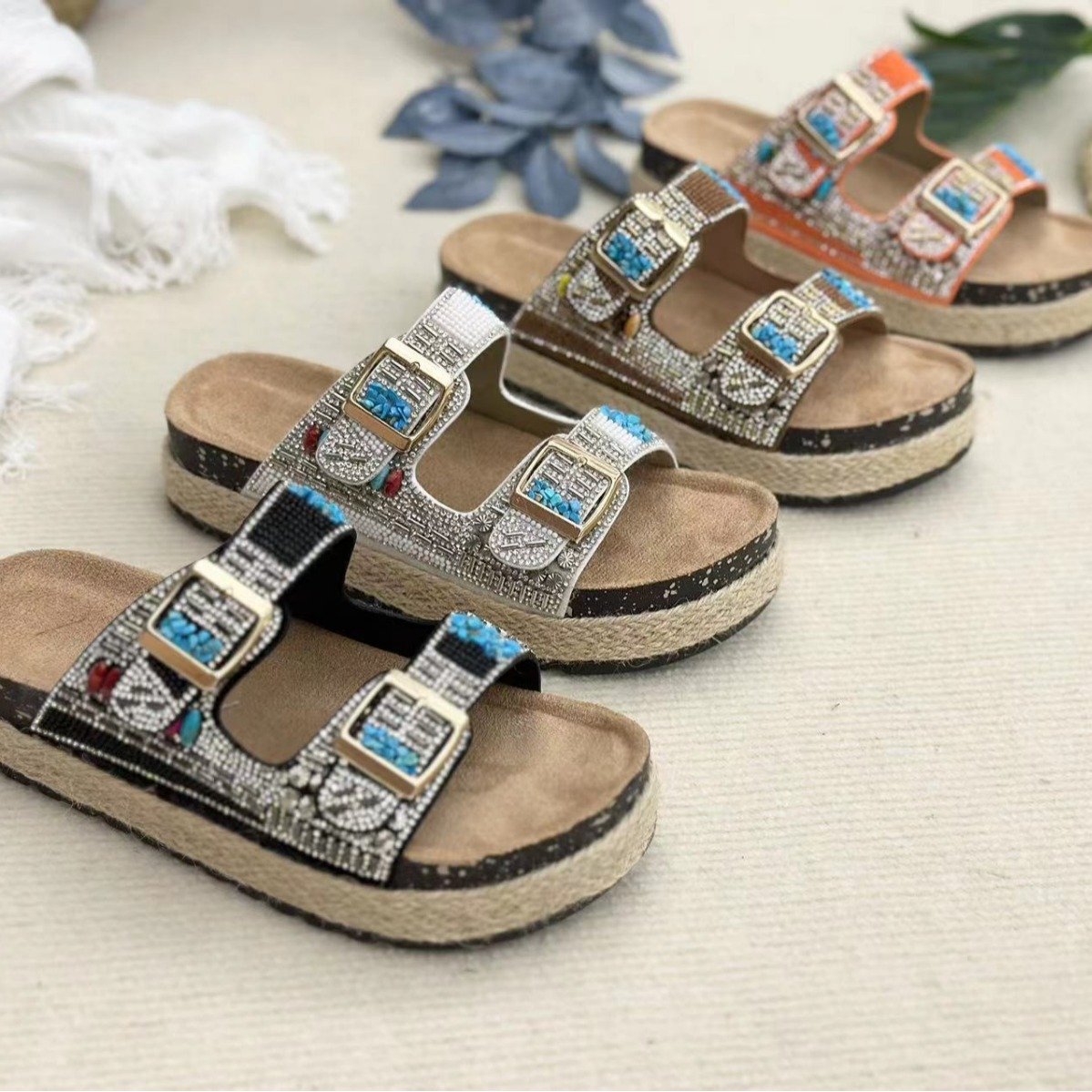 2024 bling double buttons hemp rope beach slides thick sole ladies luxury rhinestone flat cork sandals slippers for women