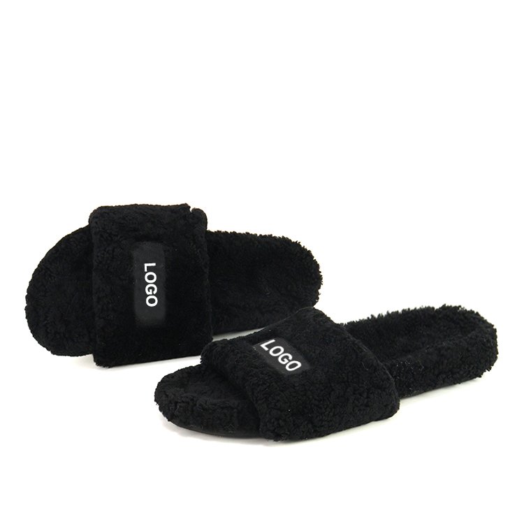 Factory Custom Women Open Toe Fluffy Shearling Curly Lamb Fur Real Sheepskin Platform Fur Slides Slippers with Arch Support