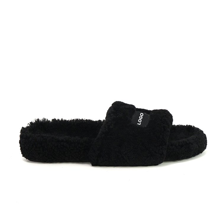 Factory Custom Women Open Toe Fluffy Shearling Curly Lamb Fur Real Sheepskin Platform Fur Slides Slippers with Arch Support