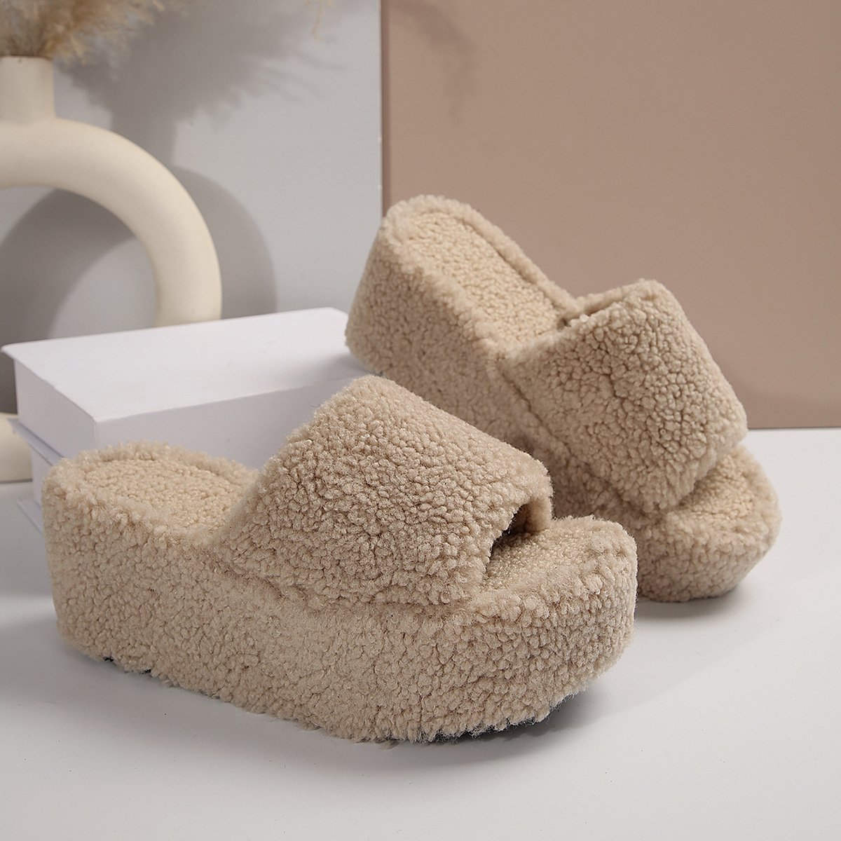 BUSY GIRL QH4648 faux fur slides slippers women fashion platform Heels winter fluffy thick soles wedge heels fur slippers