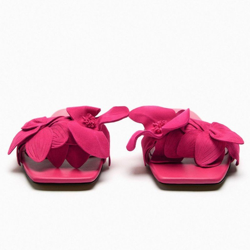 Summer New Women's Shoes Pulm Flower Decorated Sheep Leather Flat Sandals Slide Slippers