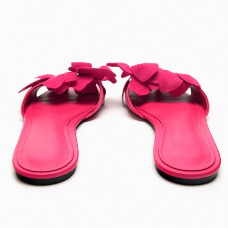 Summer New Women's Shoes Pulm Flower Decorated Sheep Leather Flat Sandals Slide Slippers
