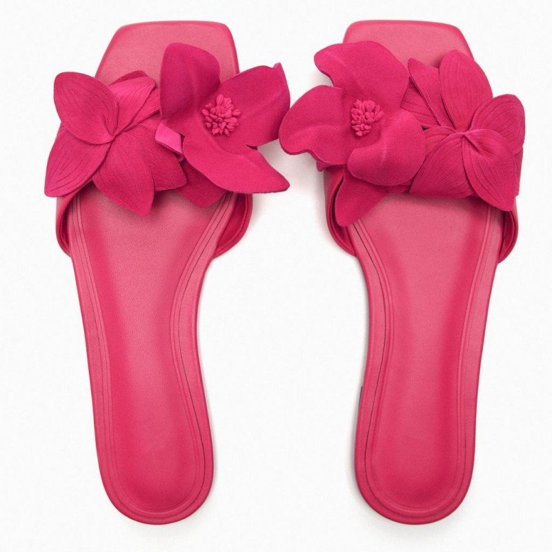 Summer New Women's Shoes Pulm Flower Decorated Sheep Leather Flat Sandals Slide Slippers