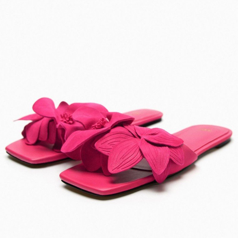 Summer New Women's Shoes Pulm Flower Decorated Sheep Leather Flat Sandals Slide Slippers