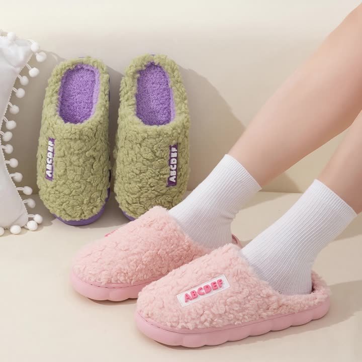 Adult Custom Autumn Winter Unisex Contrast Color Furry Warm Fluffy House Indoor Fleece Plush Slides